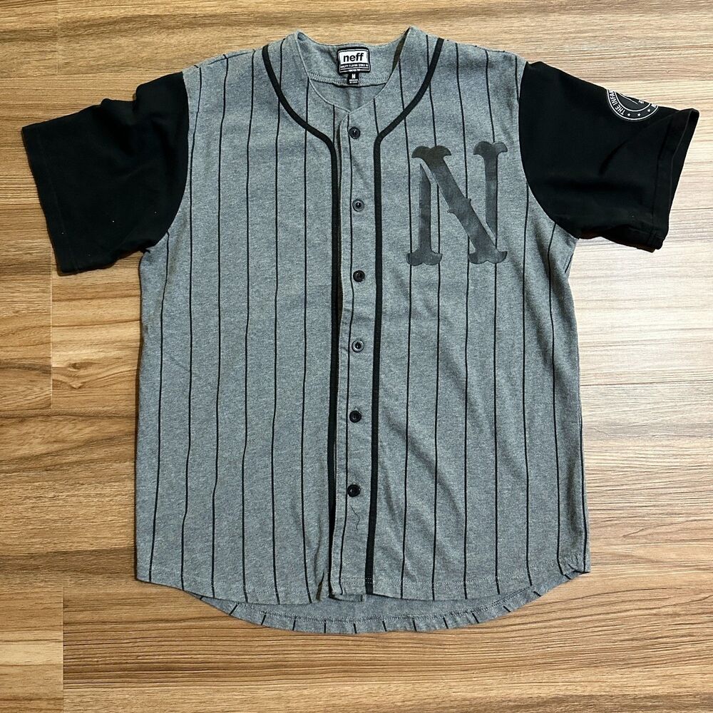 Neff Shirt Jersey Mens M Grey Pinstripe Button Up Baseball Reaper #2 Skater Y2K